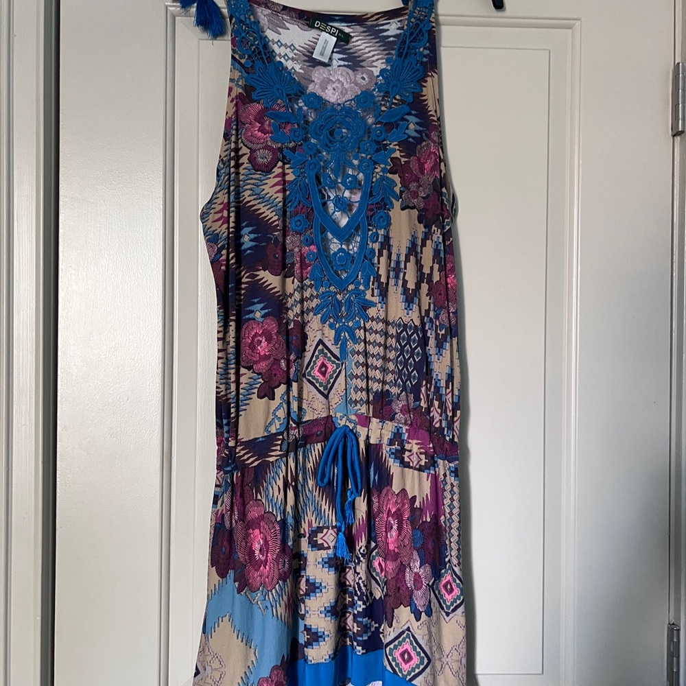 Rich Blue and Pink Ruched Sundress Coverup